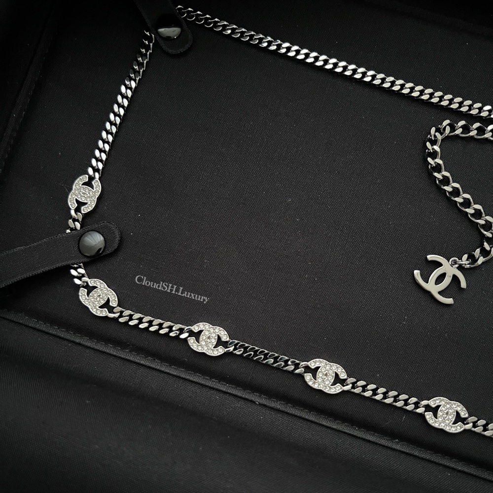 Auth Chanel 21A Crystal CC Logo Chain Belt w/ Ruthenium Hardware - Picture 2 of 12